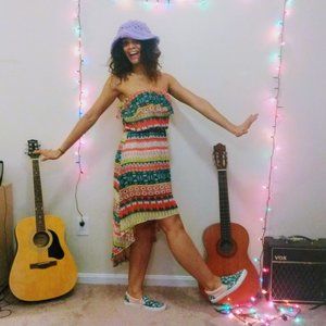 high low, multi-colored strapless sundress